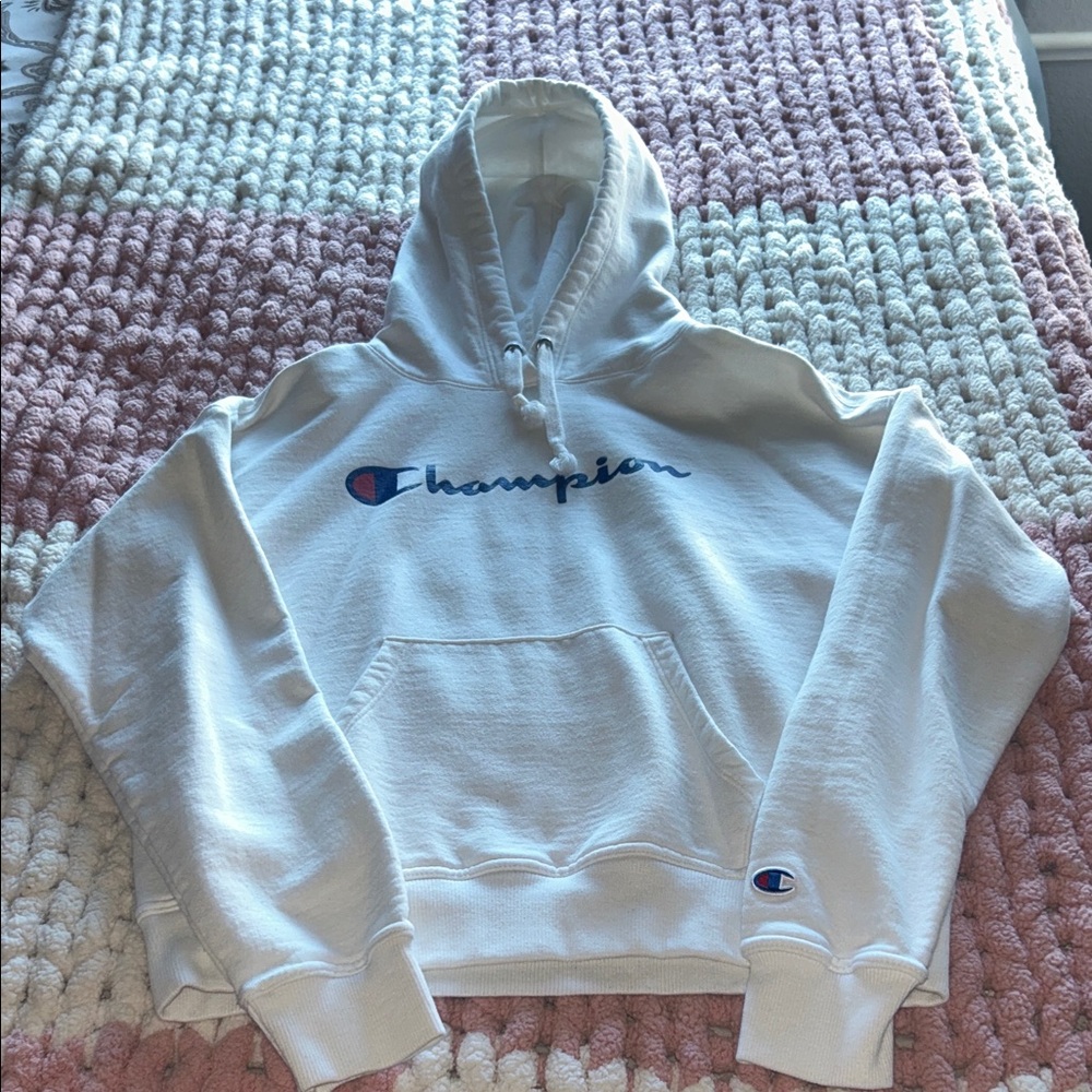 Champion White and Blue Logo Hoodie